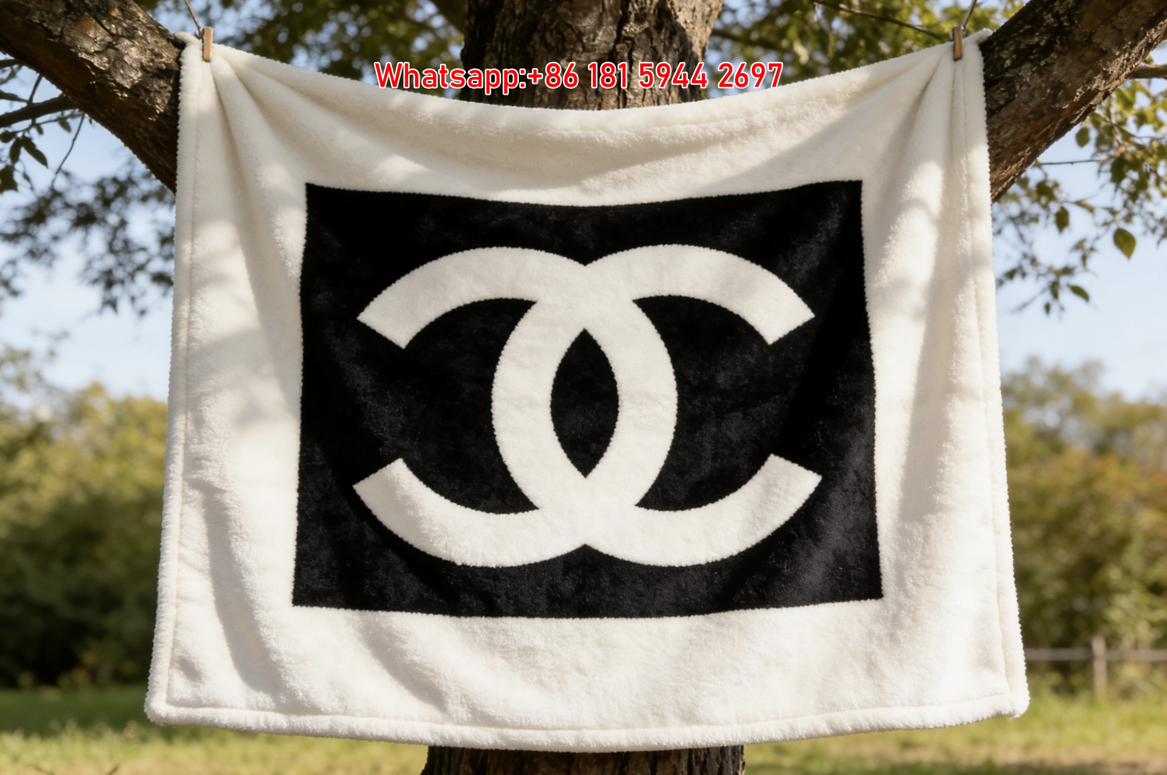 Chanel Classic Black & White CC Logo Flannel Throw Blanket IMG_6657